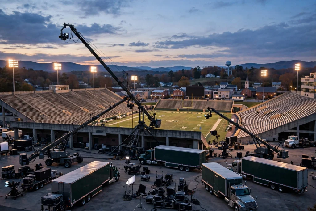 Film production set at a stadium in Greenville North Carolina during Beast Games Season 3 filming