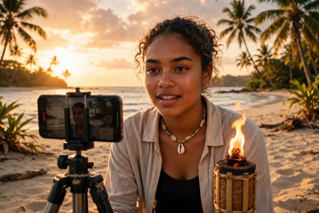 An aspiring castaway filming a Survivor audition video on a Fiji beach