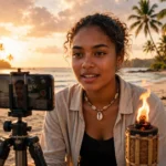 An aspiring castaway filming a Survivor audition video on a Fiji beach