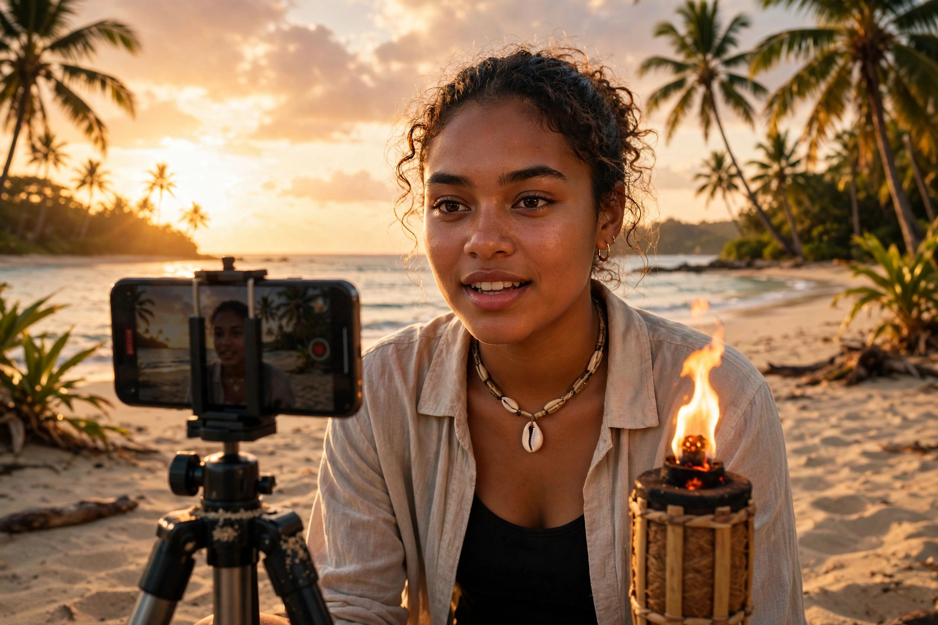 An aspiring castaway filming a Survivor audition video on a Fiji beach