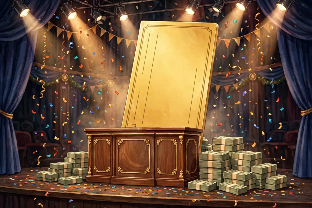 Game show prize podium with a golden winner's check and prize money under spotlights