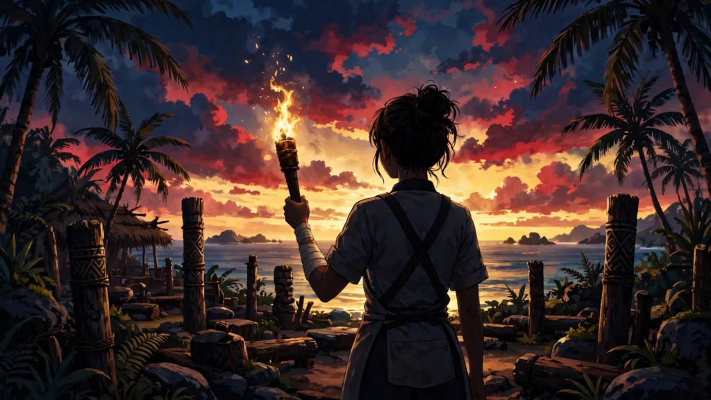 Illustration of a chef at a Survivor tribal council at sunset, bandaged right forearm, holding a torch