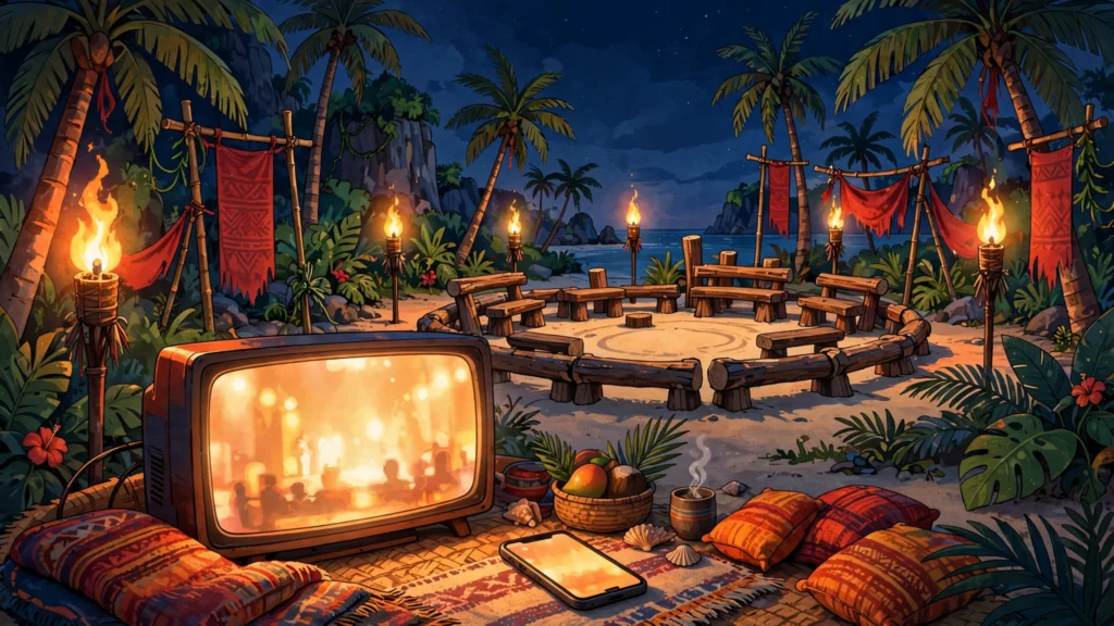 Survivor 51 tribal council illustration, TV and phone showing the live episode