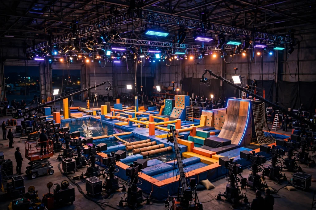 Beast Games film set with cameras and production lighting around the competition arena during filming