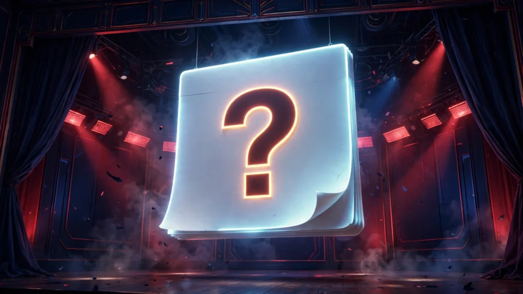 Beast Games Season 3 premiere countdown: a glowing calendar page with a question mark on a stage