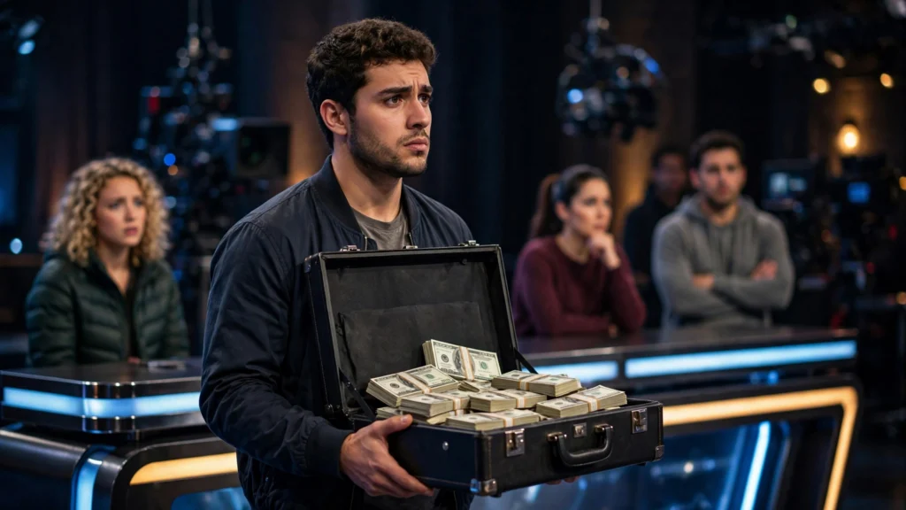 A Beast Games contestant holds a briefcase of cash at a game podium