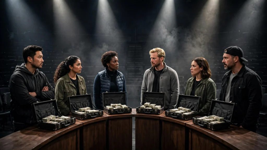 Six finalists stand with briefcases in the Beast Games finale