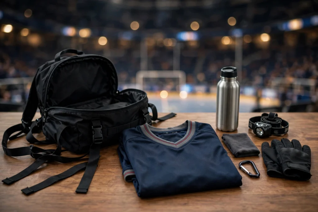 A Beast Games contestant's backpack and gear on a table