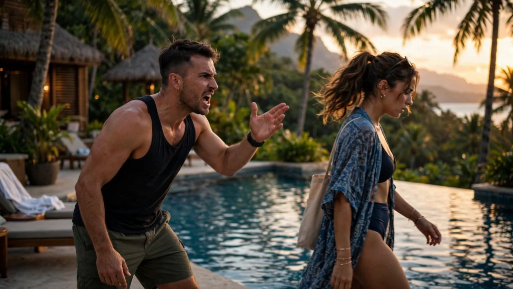 Two contestants argue beside a resort pool
