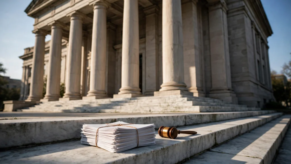 Legal documents and a gavel on courthouse steps