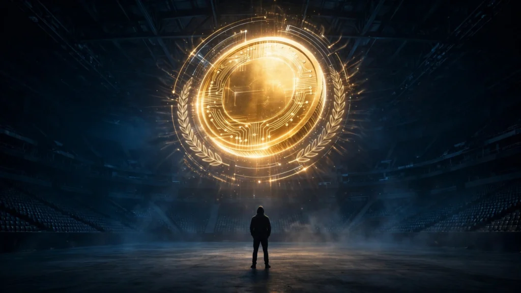 A giant golden coin hologram above the Beast Games arena