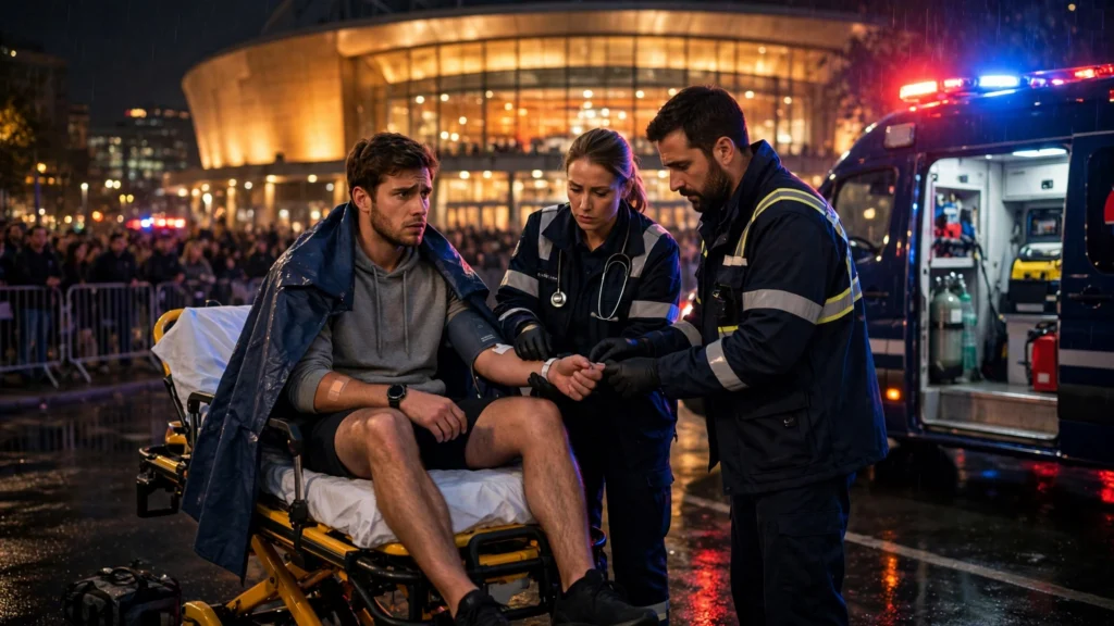 Medics check on a Beast Games contestant beside an ambulance at night