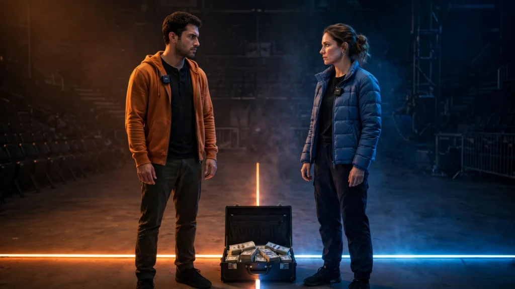 Two Beast Games contestants face off across a glowing line, loyalty versus money