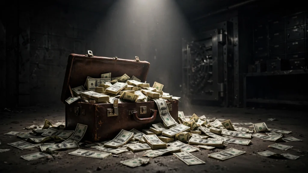 A briefcase overflowing with Beast Games prize money in a vault