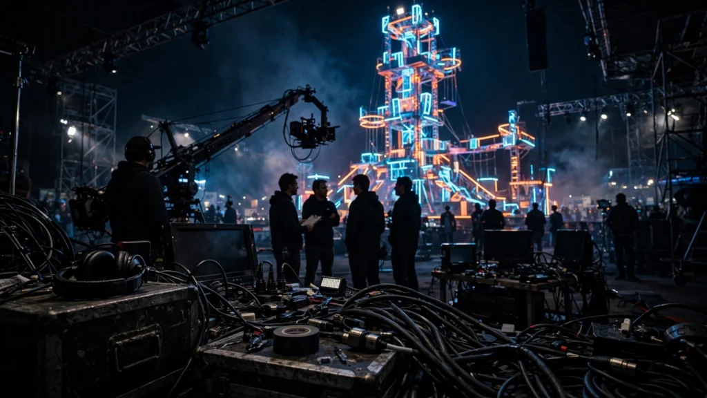 A camera crew films the Beast Games set behind the scenes