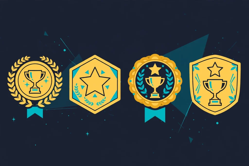 Four gold award badges with generic trophy and star shapes