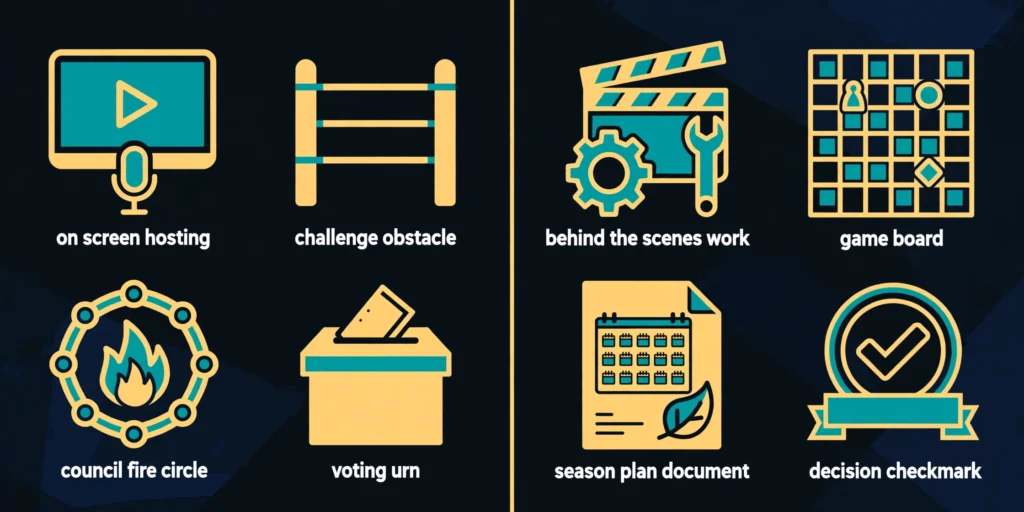 Two panel illustration comparing on screen hosting duties with behind the scenes showrunner duties