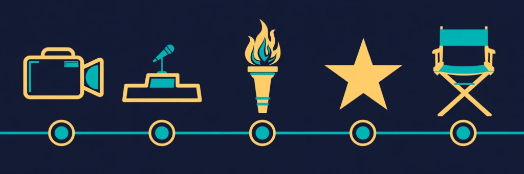 Timeline illustration with video camera, game show podium, torch, star and director's chair icons