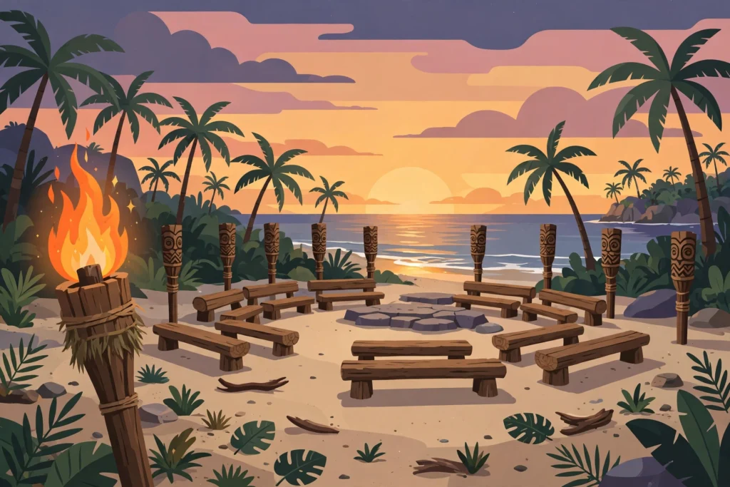 Illustrated tribal council scene at sunset with a flaming torch, carved torches and wooden benches, no people