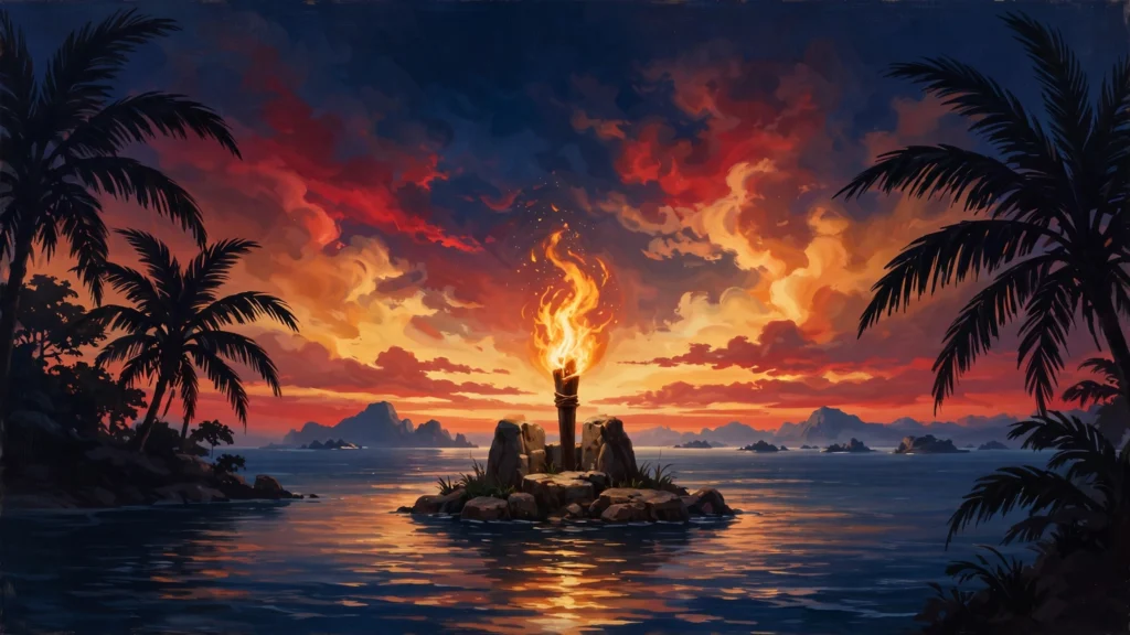 Illustrated island scene at sunset with a torch flame, palm silhouettes and calm sea