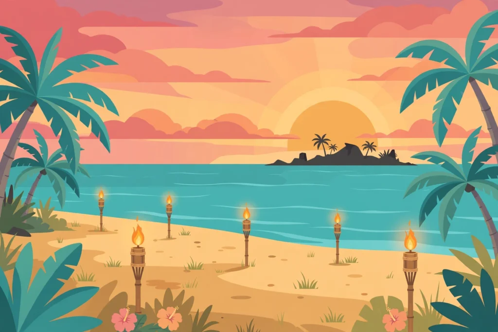 Illustrated tropical Fiji island beach at sunset with tiki torches and palm trees