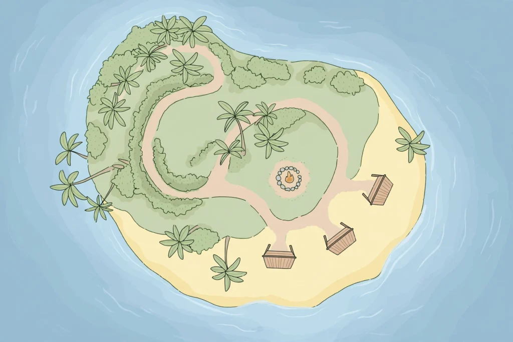 Illustrated aerial diagram of a generic tropical island camp with shelters, a fire pit, paths and palm trees