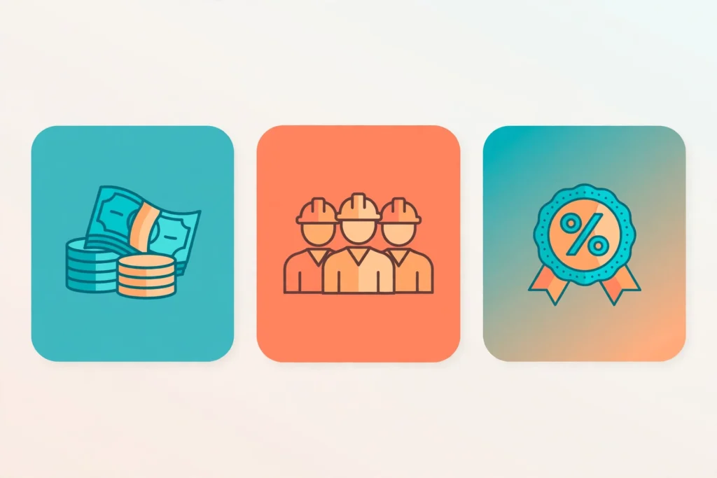 Three icons for Fiji production figures: money, workers and a percent rebate badge