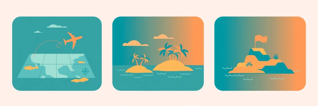 Three panel illustration of Survivor filming eras: a plane over a map, tropical islands, and a flagged island base