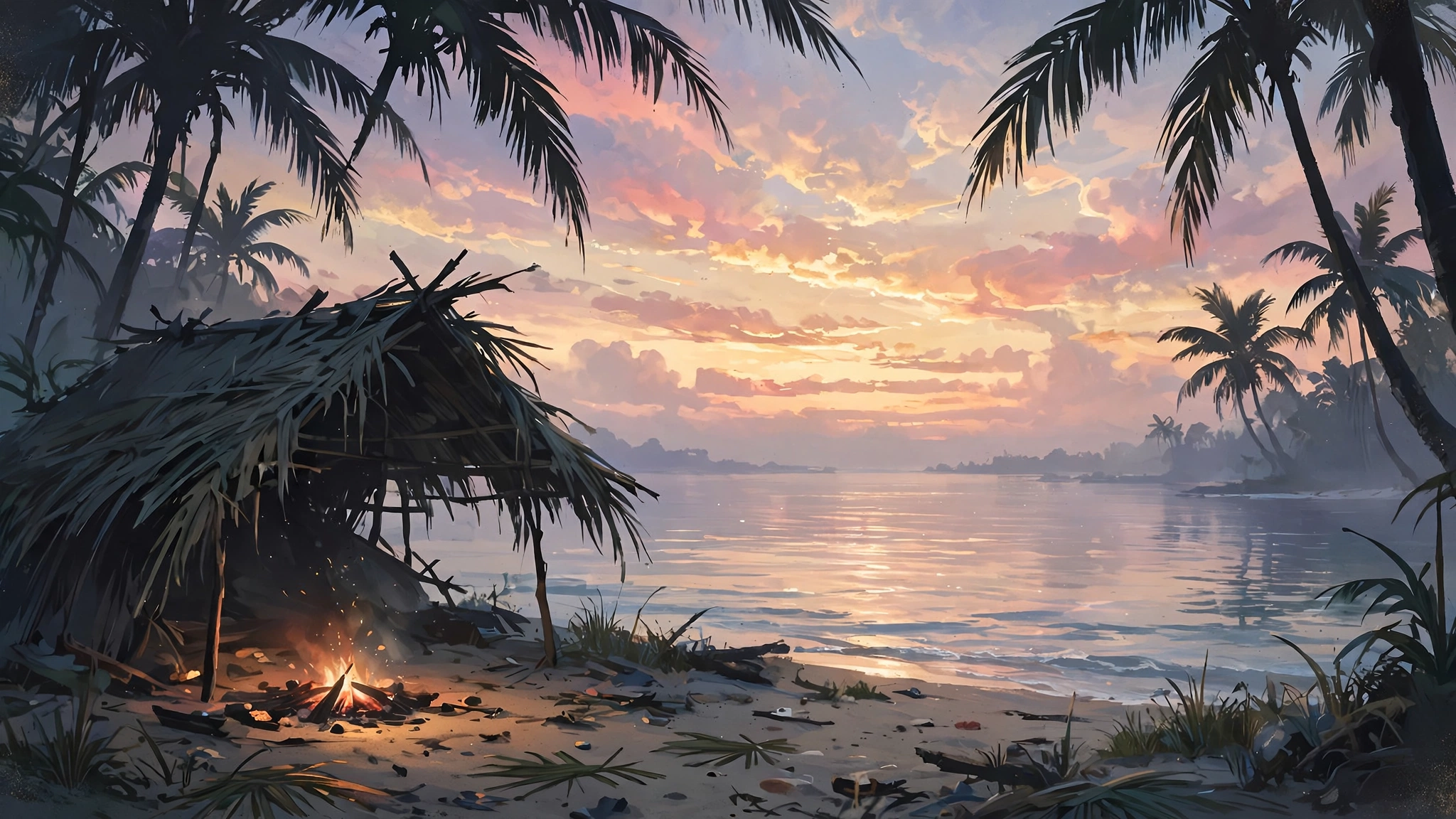 Illustrated island camp at dawn with a shelter silhouette and campfire