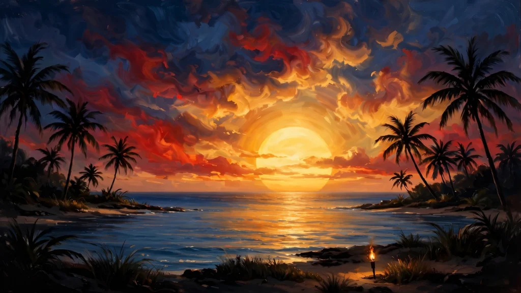 Tropical island at sunset with a large glowing sun, palm silhouettes and a small torch on the shore