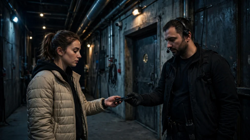 A Beast Games contestant hands a phone to a crew member under the show's secret rules