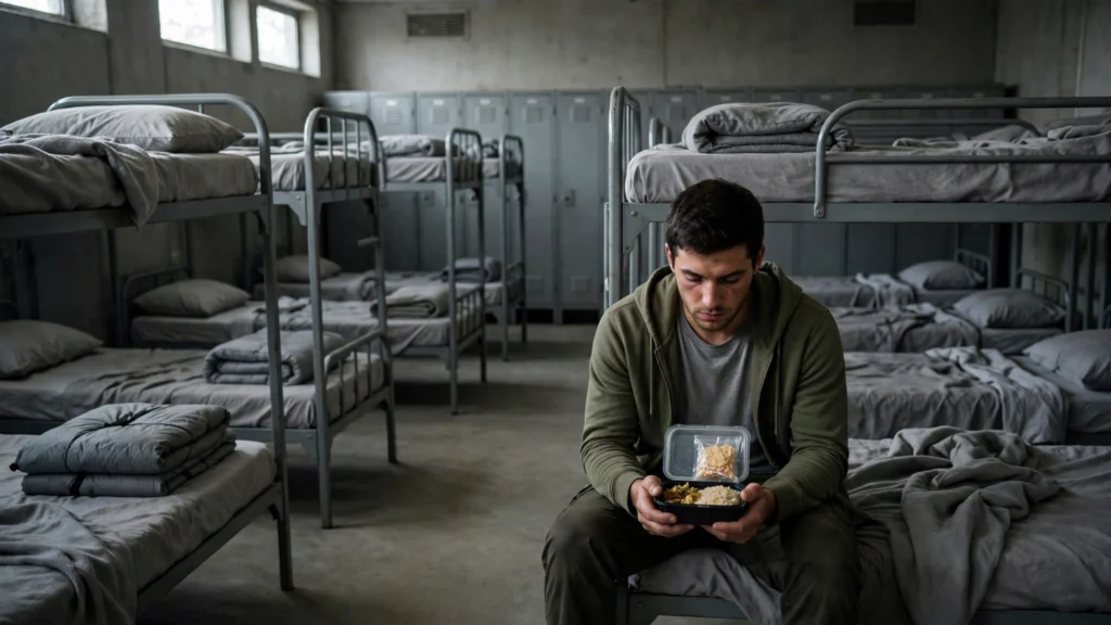 A Beast Games contestant rests on a bunk bed in the contestants' dormitory