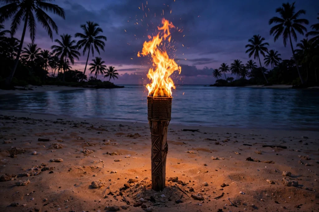 Survivor 51 elimination tracker: a flaming tribal torch on a Fiji beach at dusk