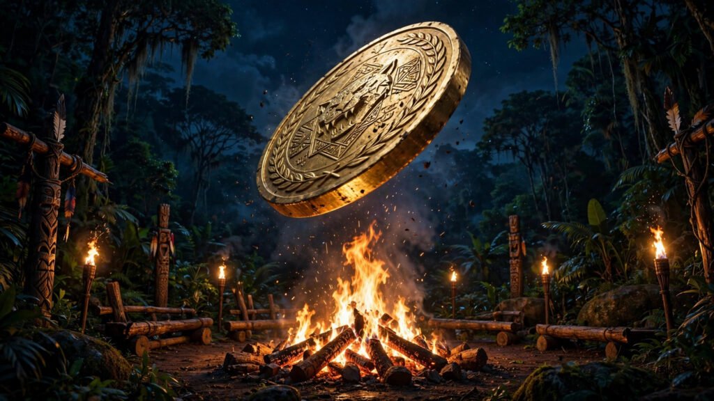 Golden coin flipping above the Survivor 51 tribal council fire