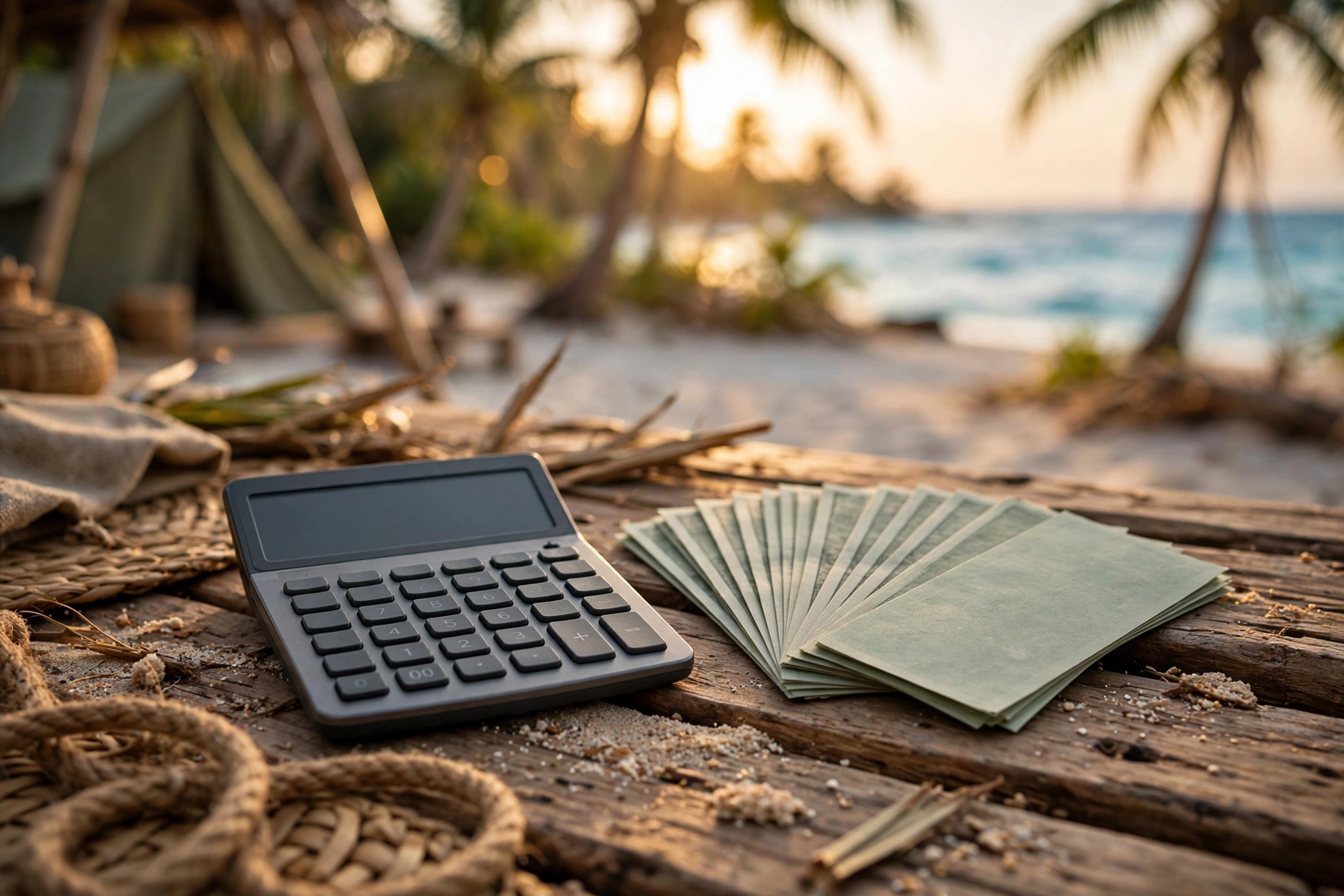 Survivor prize tax calculator with cash and a calculator on a tropical camp table