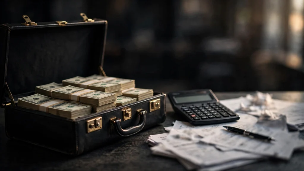Prize money in a briefcase with a calculator and tax documents