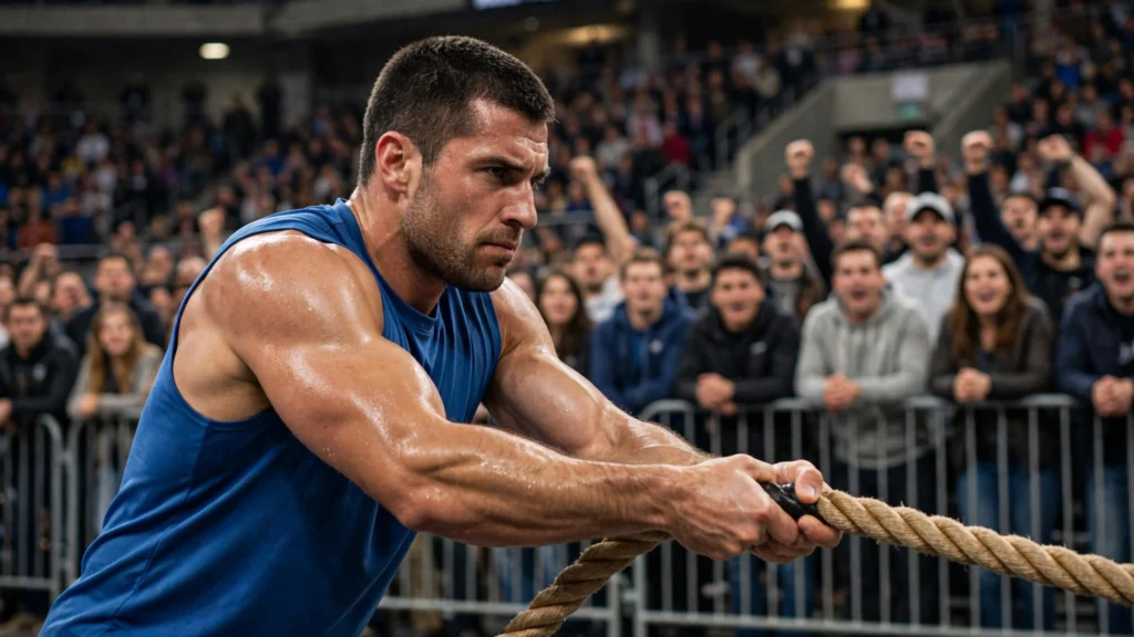Tyler Lucas pulls a rope in a Beast Games strength challenge
