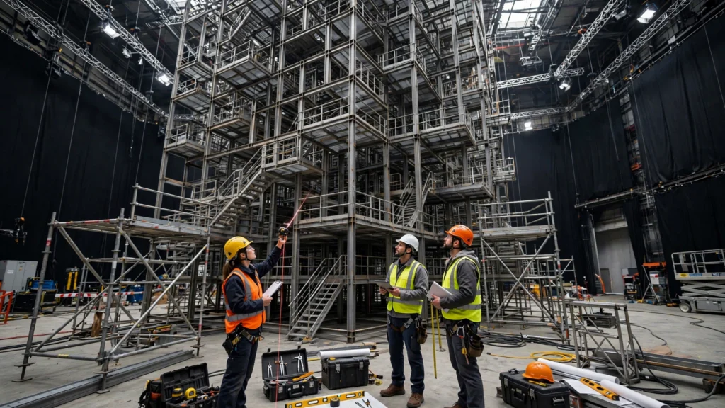 Engineers inspect the vertical maze structure