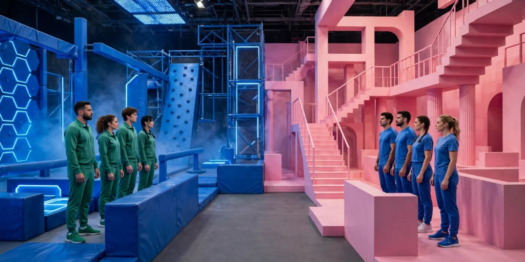 Beast Games and Squid Game style game worlds side by side