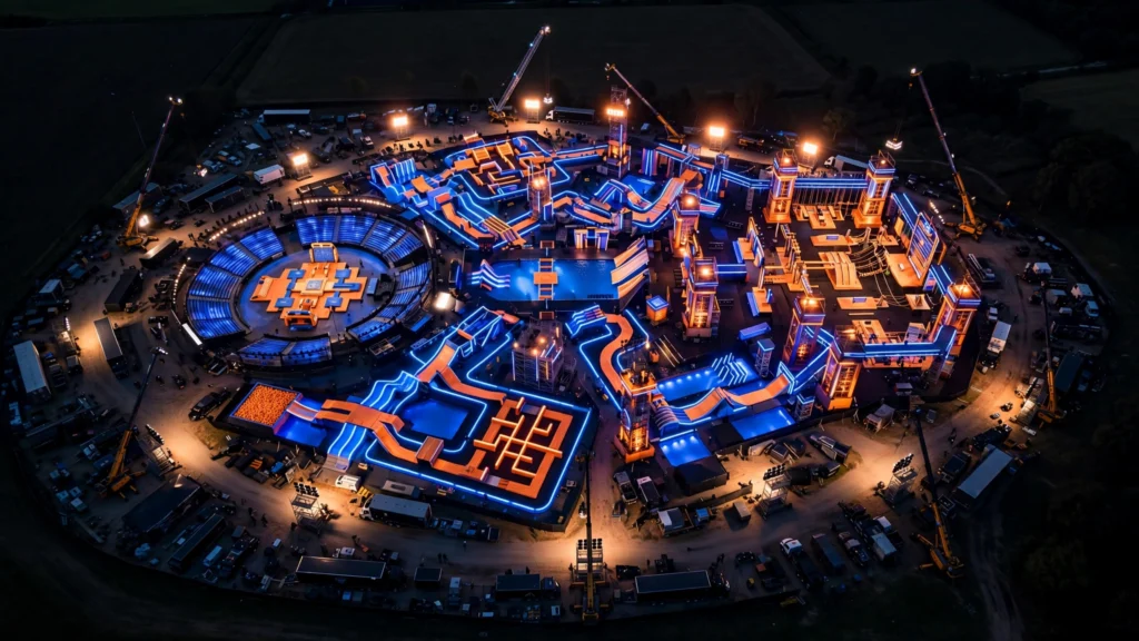 Aerial night view of the Beast Games filming city and obstacle arenas