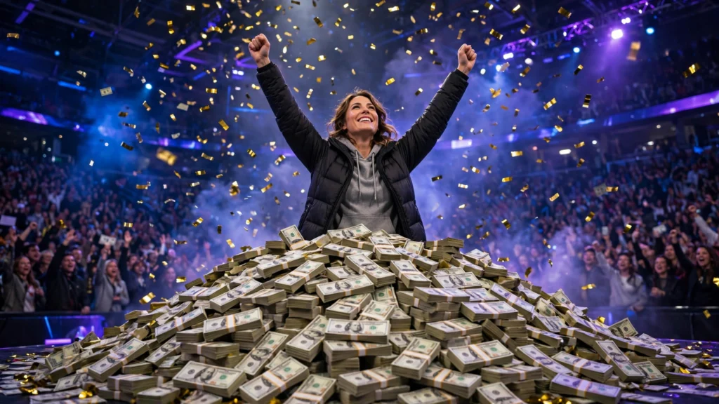 A contestant celebrates winning Beast Games on a pile of prize money