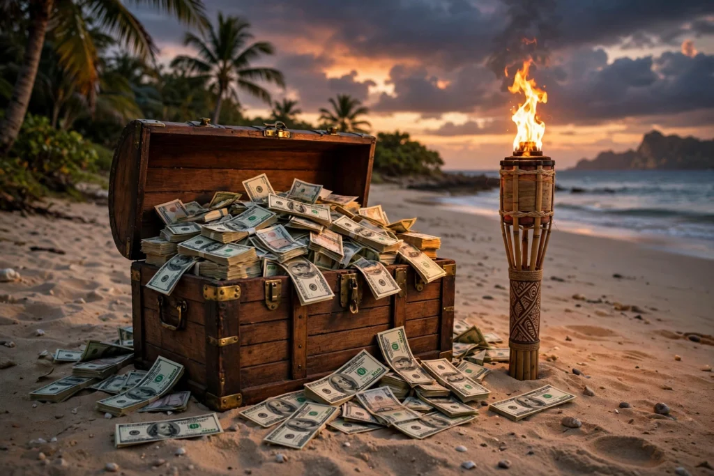 A chest of prize money beside a flaming torch on a Fiji beach at dusk