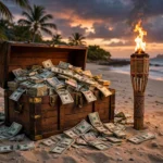 A chest of prize money beside a flaming torch on a Fiji beach at dusk