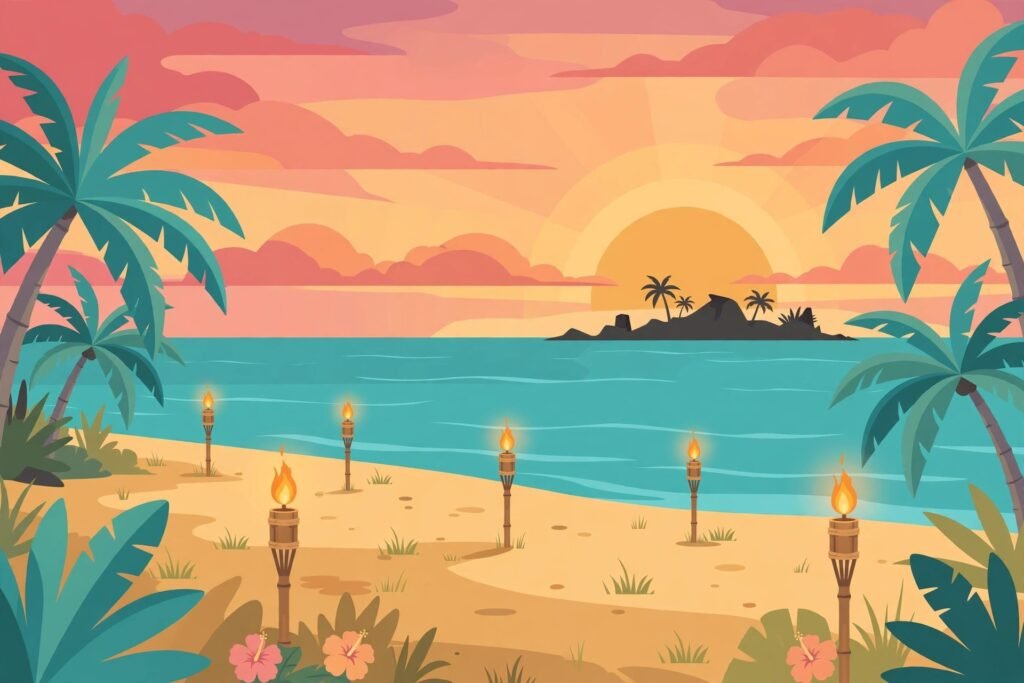 Illustrated tropical Fiji island beach at sunset with tiki torches and palm trees